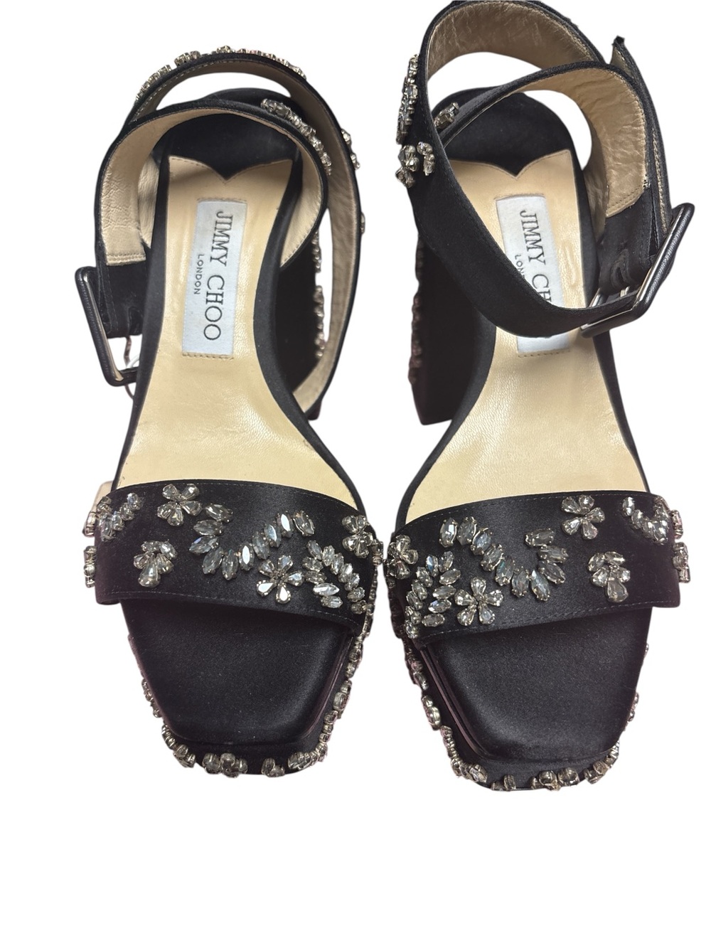 Jimmy Choo Black Satin Crystal Floral Block Heel Sandals